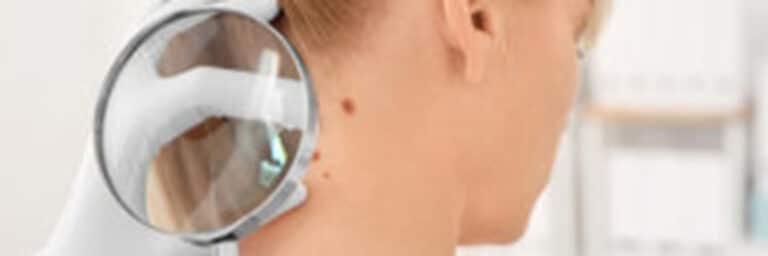 Doctor examining female patient with magnifier in clinic